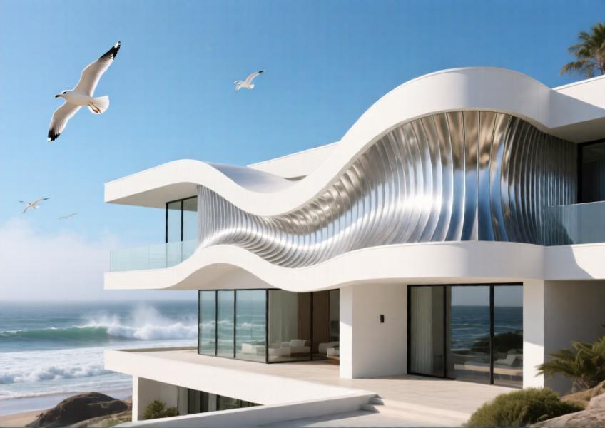 Coastal home with wave-inspired matte white aluminum exterior panels