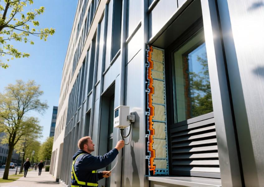 Detailed view of a thermally broken aluminum curtain wall in Berlin, highlighting energy-efficient design and real-world context