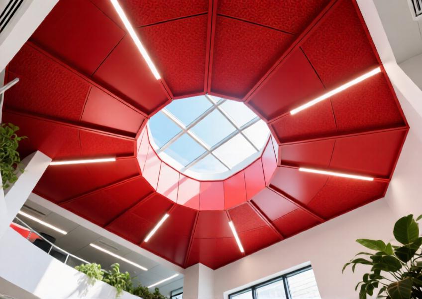 Close-up of vibrant red powder-coated aluminum ceiling in a bright office atrium