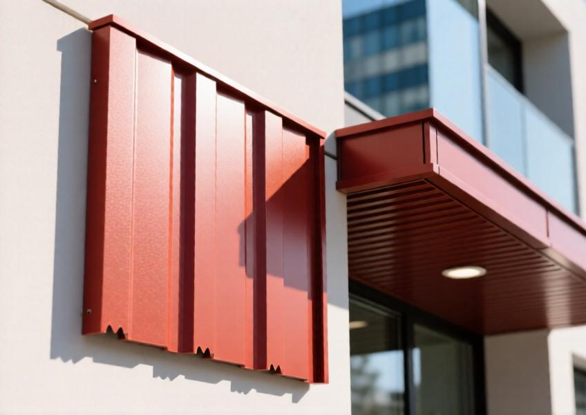 Close-up of terracotta red anodized pressed aluminium cladding with integrated aluminum ceiling detail.
