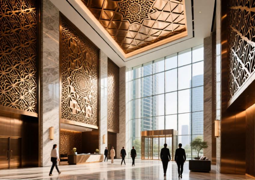 Elegant lobby interior with bronze anodized aluminum decorative ceiling and wall panels in a geometric pattern, bathed in natural light.