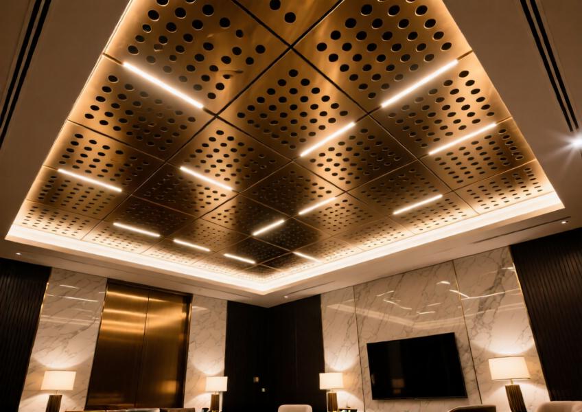 Brushed bronze perforated aluminium ceiling with integrated lighting creates a layered, ambient glow in a high-end hotel interior.