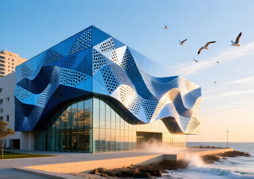 Coastal cultural center with satin ocean-blue anodised aluminium cladding in a wave-inspired geometric pattern, demonstrating weather resistance and design versatility.