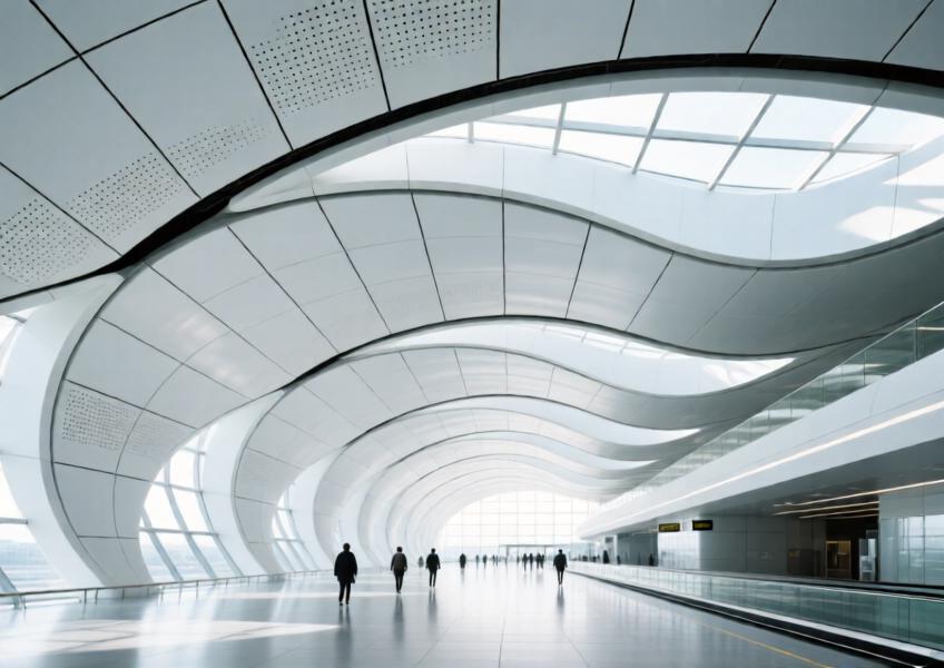 Vast white aluminum ceiling in a modern airport, combining elegance, functionality, and architectural flow under natural daylight.