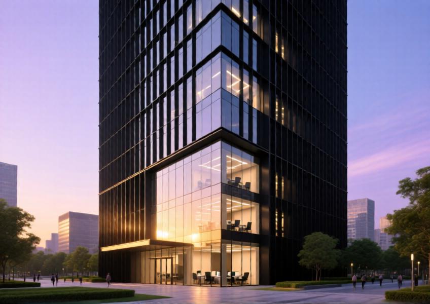 Modern high-rise with matte black aluminum curtain wall at golden hour, showcasing durability and energy-efficient design.