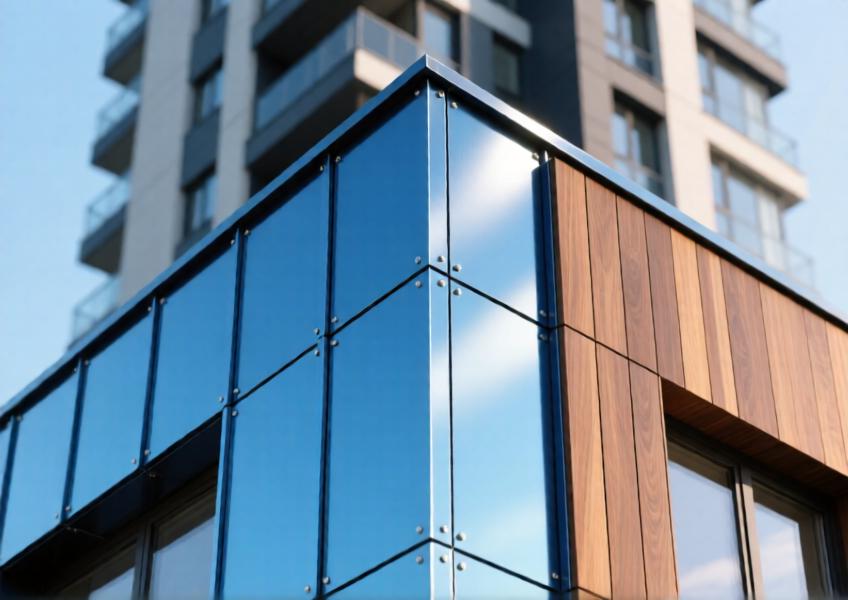 Detail shot of anodized blue and wood-grain aluminium cladding panels on a modern building, highlighting texture and finish.