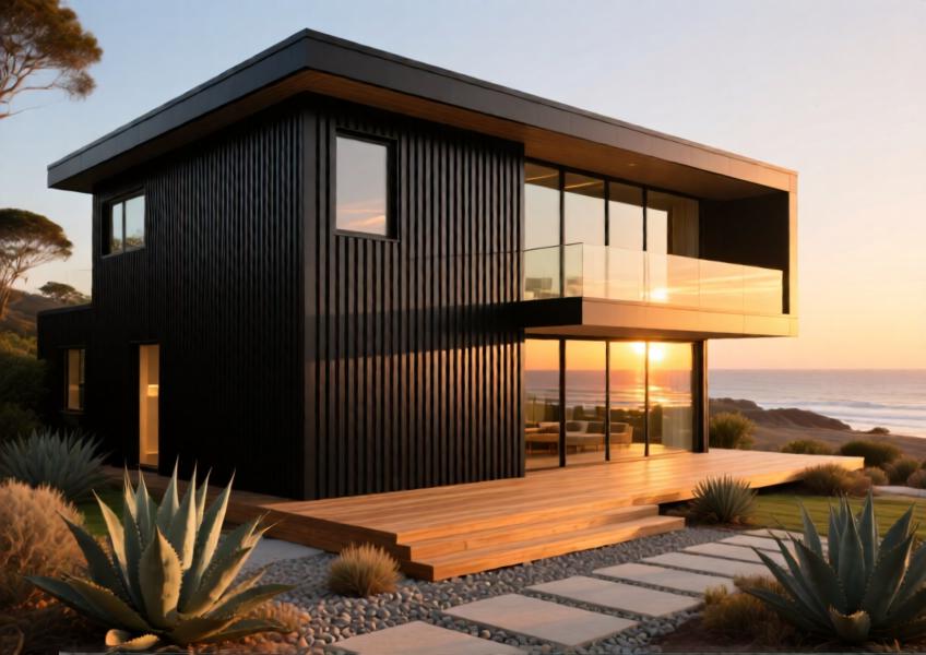 A luxury coastal villa with matte black aluminium shiplap cladding at sunset, blending modern design with natural surroundings.