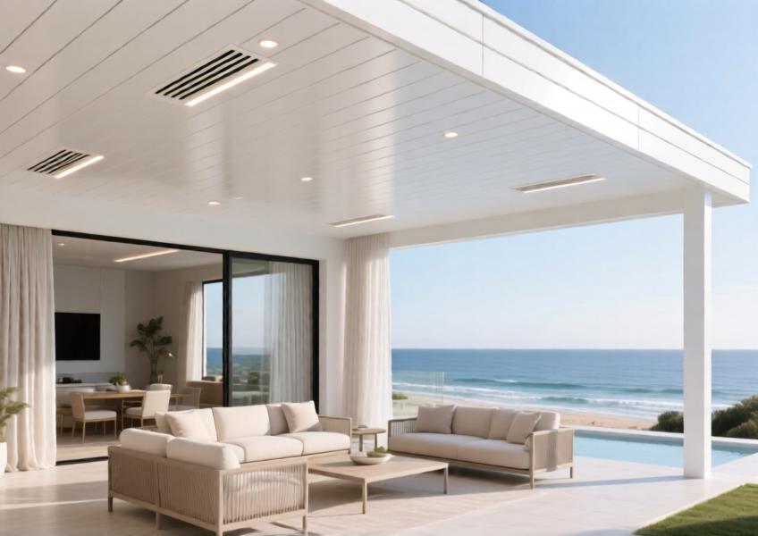 Coastal patio with white powder-coated aluminum ceiling integrating light and ventilation elements.
