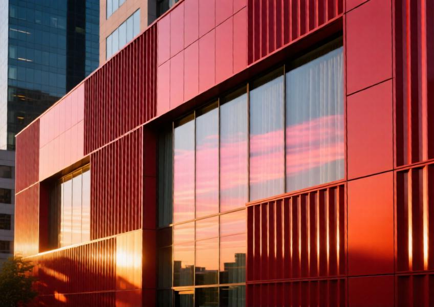 Modern office building exterior with bold red aluminum panels illuminated by sunset, blending style and structural innovation.