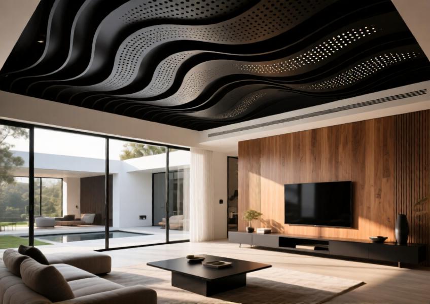 Luxury villa ceiling with matte black aluminum sheets in a wave pattern, optimized for light and sound.