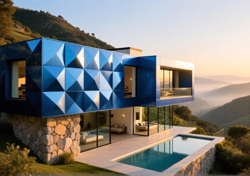 Luxury hillside villa with anodized blue aluminum cladding, combining modern materials with natural surroundings.