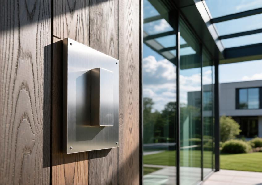 Close-up of exterior aluminum decorative panel with realistic weathered oak wood look finish, highlighting texture, color accuracy, and integration with glass and nature.