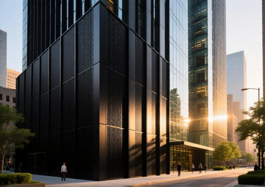 Modern commercial high-rise with matte black pressed aluminium cladding at sunset.