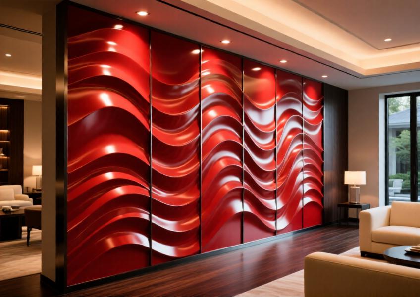 Close-up of a vibrant red 3D aluminum wall system creating dynamic texture and light effects in a luxury lounge.