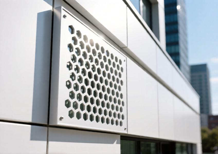 Detail view of perforated white matte aluminum cladding showing texture, pattern, and light interaction