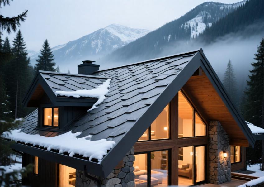 Luxury mountain villa with charcoal-gray aluminum roofing, blending modern resilience with natural aesthetics in a snowy environment.