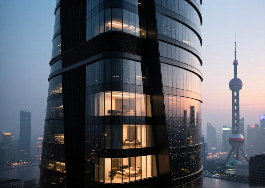 Matte black aluminum curtain wall on a high-rise at twilight, showcasing energy-efficient design and sleek modern aesthetics.