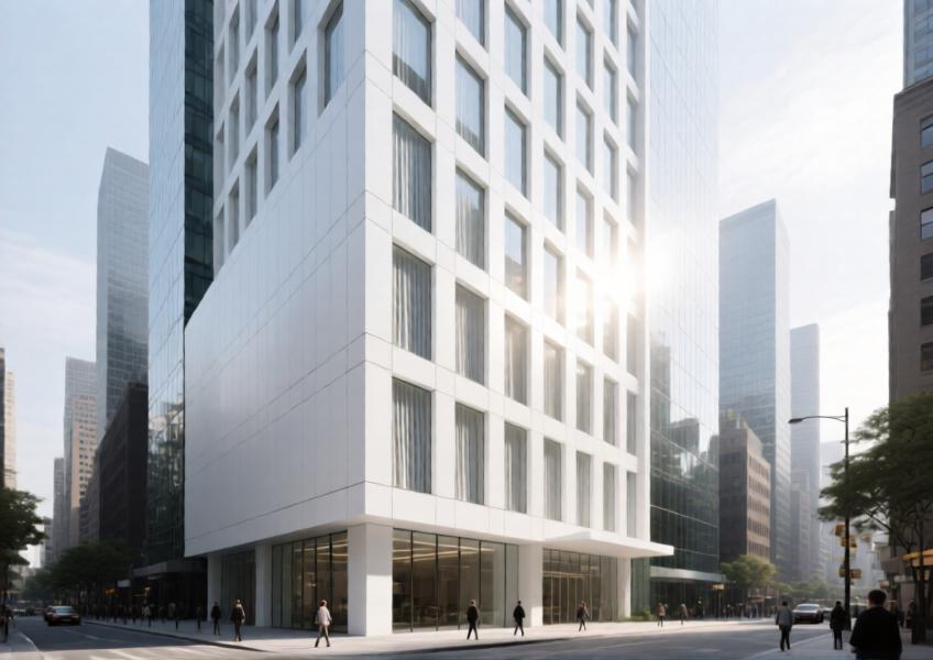 Modern urban high-rise with white aluminum cladding under natural daylight.