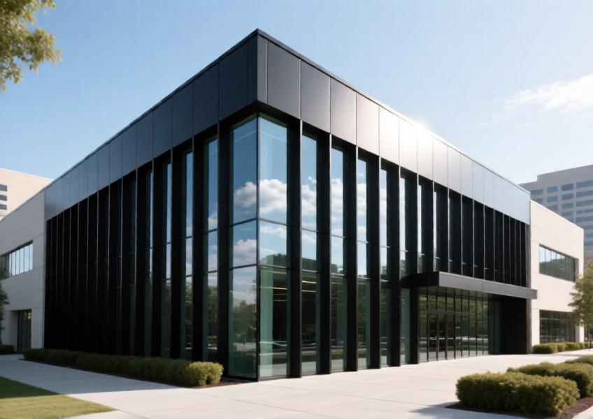 Modern commercial façade with matte black aluminum curtain wall and expansive glazing under natural daylight.