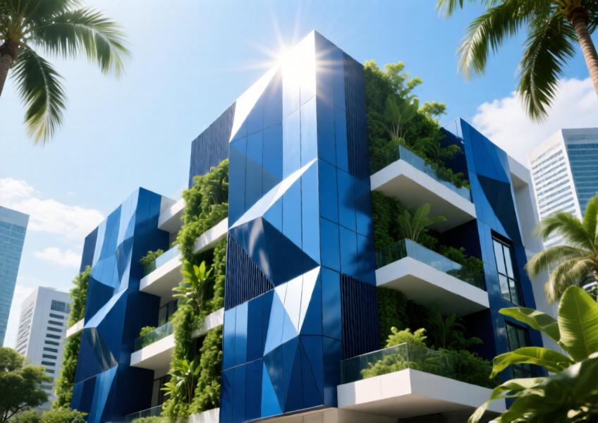 A mixed-use building with anodized blue non combustible aluminium cladding forming geometric patterns, integrated with greenery in a tropical urban setting.