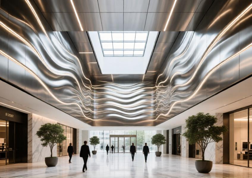 Interior atrium with brushed aluminum ceiling panels and integrated lighting in a high-end commercial space.