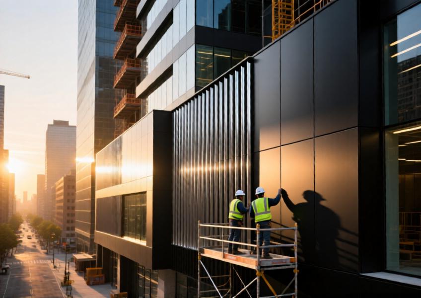High-rise building with premium matte black anodized aluminum cladding under golden hour light, showcasing installation details and urban context.