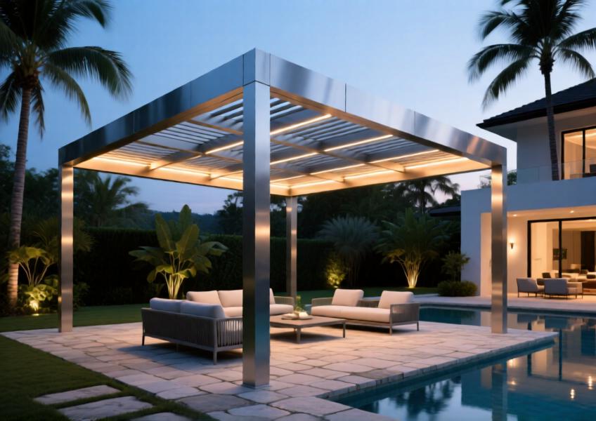Luxury villa pergola with anodized silver aluminum ceiling, illustrating elegant integration of low-maintenance exterior aluminum solutions in high-end residential design.