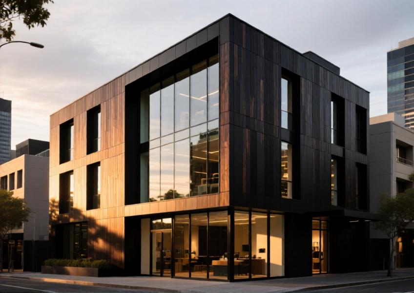 Modern boutique hotel façade with matte black aluminium timber look cladding and glass, illuminated at golden hour.