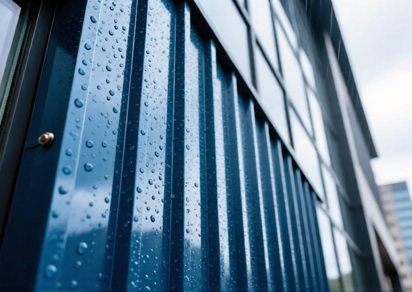 Detailed view of anodized deep blue zinc coated aluminium cladding showing texture, reflection, and weather resistance in a rainy urban environment.