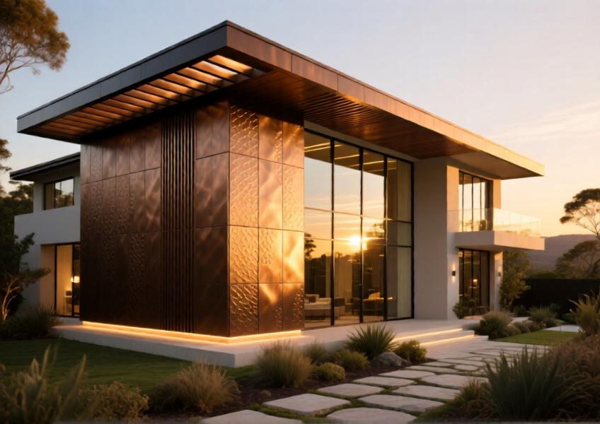 Luxury villa with matte bronze aluminum cladding at sunset, blending modern design with natural surroundings.