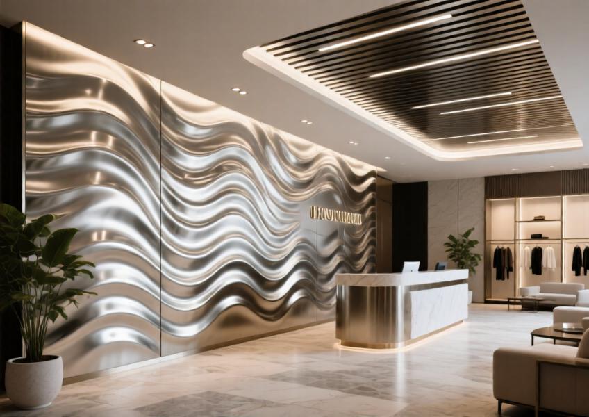 Luxury hotel reception with a brushed aluminum wave-textured feature wall and coordinated ceiling design.