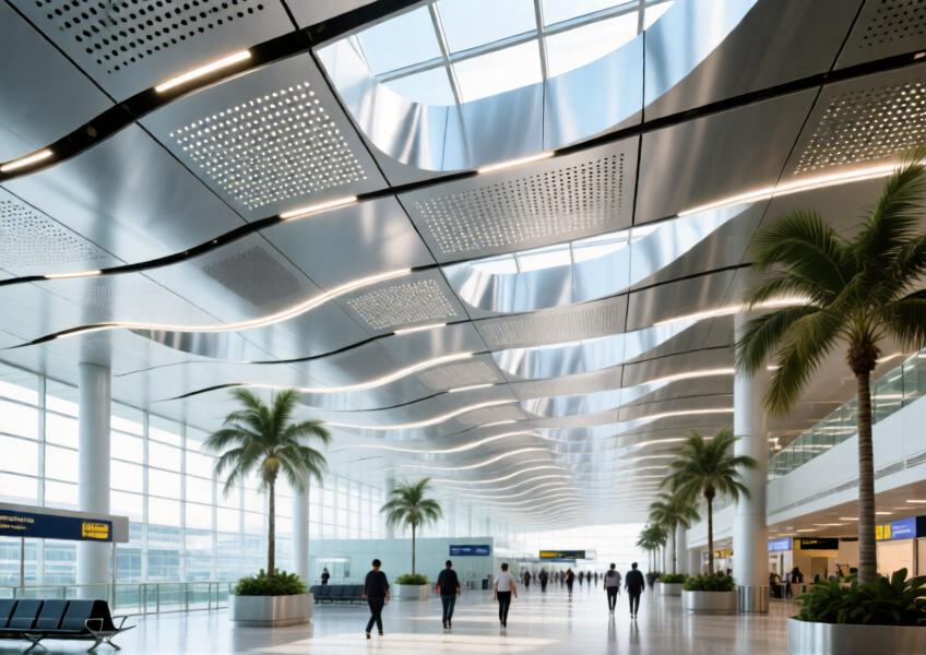 Expansive perforated brushed silver aluminum ceiling in a luminous, high-tech airport interior