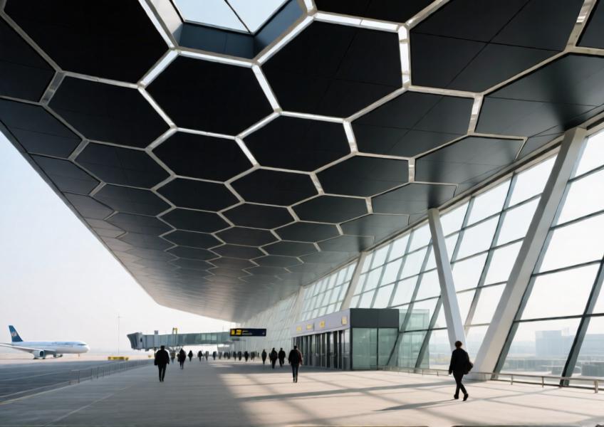 Modern airport terminal with matte black aluminium honeycomb roof panels under daylight