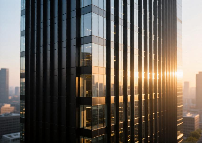 Modern office tower with matte black anodized aluminum curtain wall at sunset