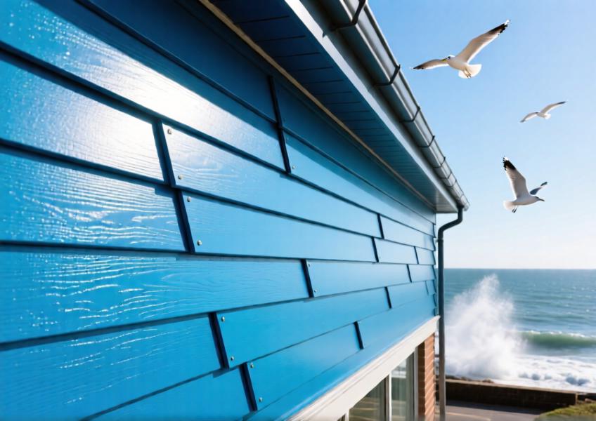 Close-up of anodized blue aluminium weatherboard cladding on a coastal building, showing durability and texture in a marine environment.