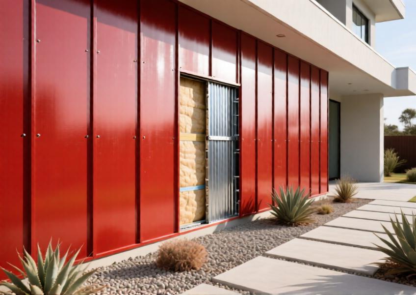 Detailed view of red-painted aluminum cladding on a luxury villa, showing structural layers and integration with high-end landscaping.