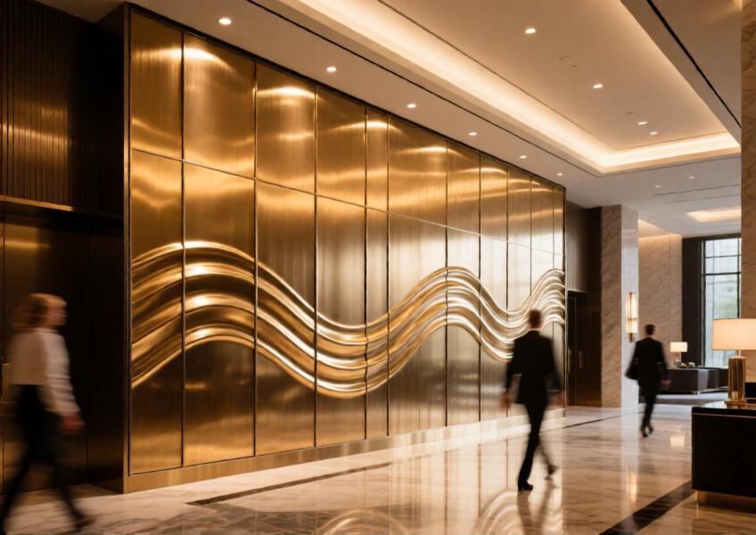 Luxury hotel lobby with champagne-gold anodized aluminum feature wall