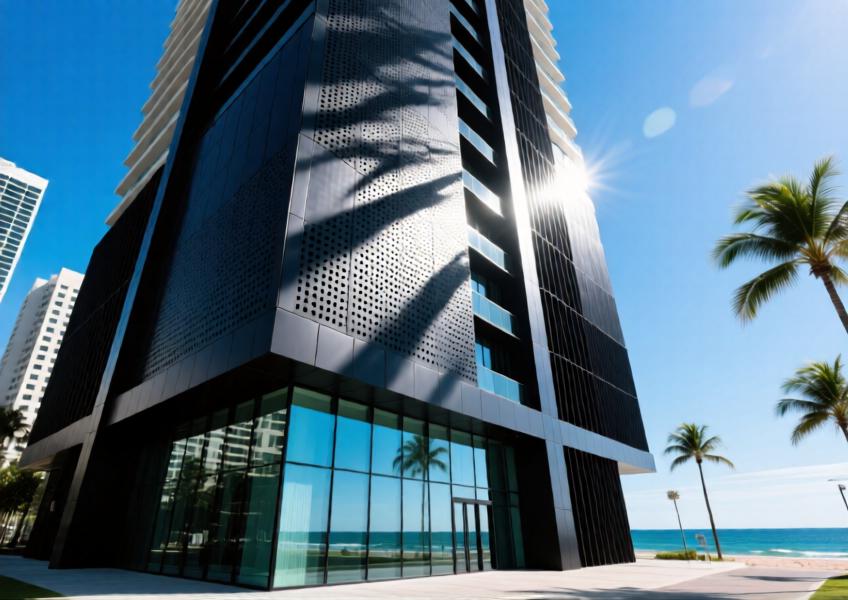 Coastal high-rise with matte black aluminum cladding and perforated panels creating dynamic light patterns