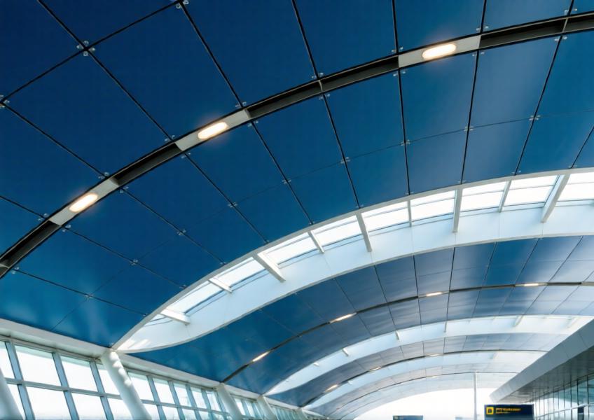 Close-up of an anodized blue PVDF-clad aluminum ceiling in a contemporary airport terminal with natural and artificial lighting