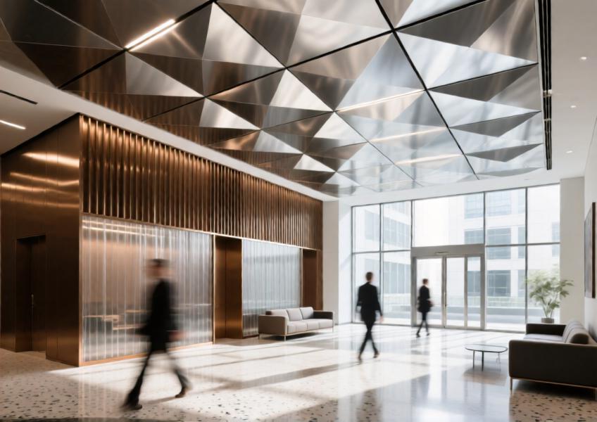 Elegant commercial lobby with anodized bronze aluminum curtain walls and a brushed silver ceiling for refined spatial division.