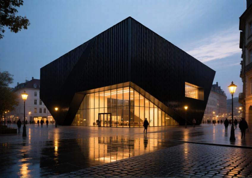 A modern cultural center with matte black aluminum cladding at twilight, blending bold architecture with urban ambiance.