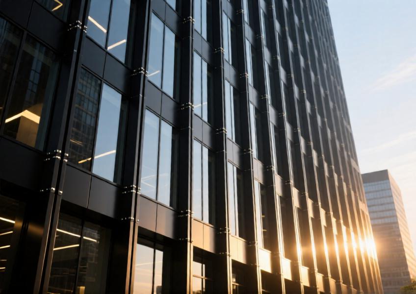 Modern commercial high-rise with matte black aluminum curtain wall under golden hour lighting