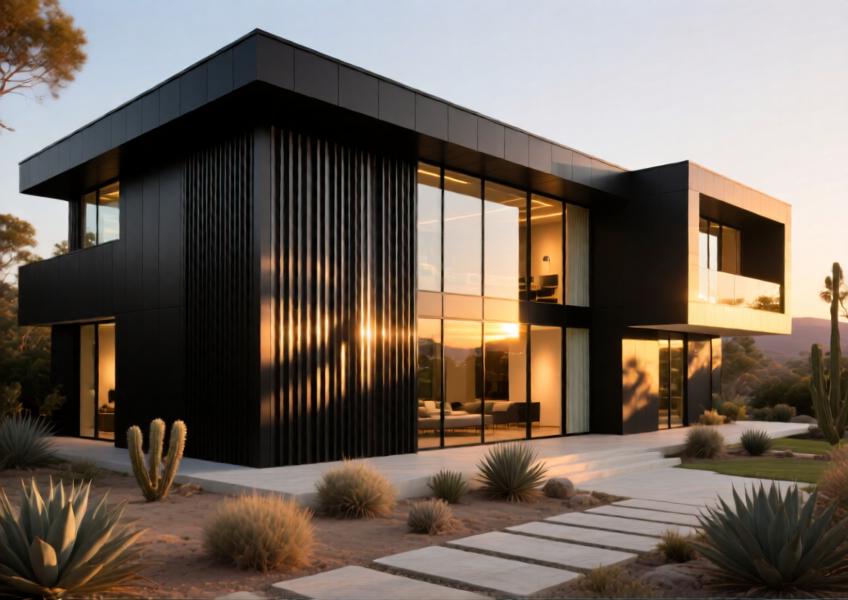Modern villa with matte black aluminum cladding and curtain walls casting dramatic sunset shadows.