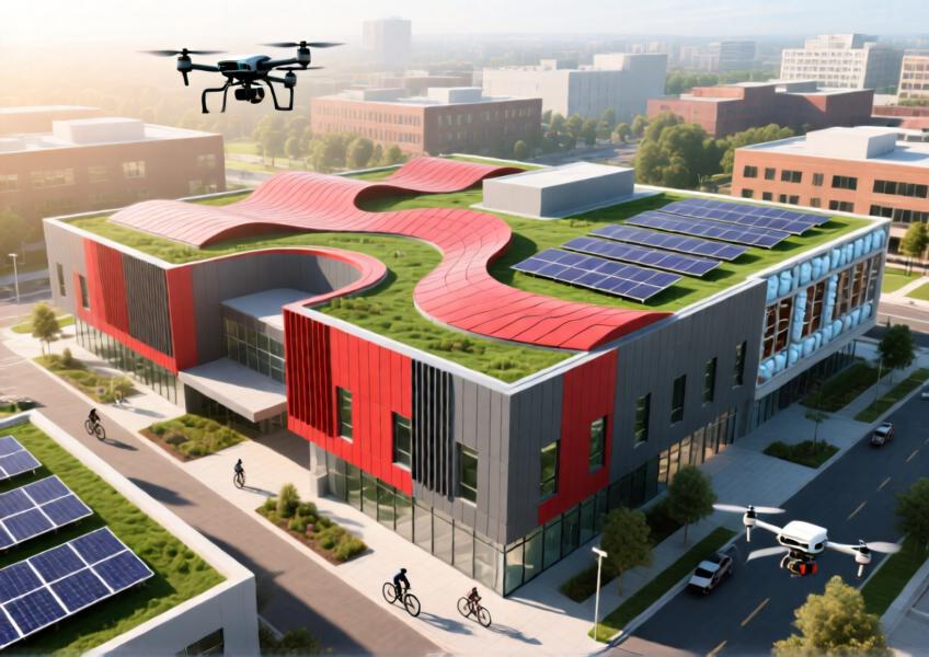 Aerial view of a sustainable commercial building with red and grey aluminum cladding in a dynamic pattern, emphasizing eco-design.