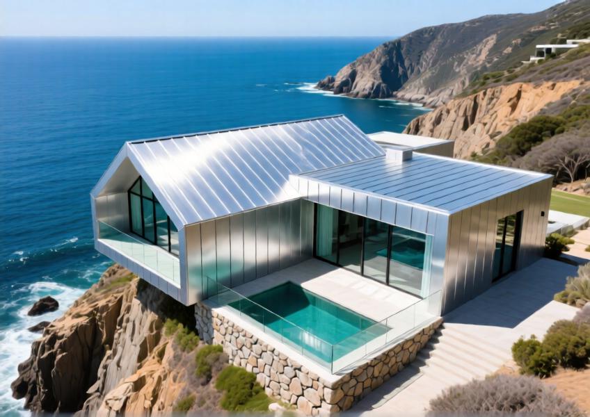 Coastal luxury villa with satin-finish anodized silver aluminum cladding blending modern design with nature.