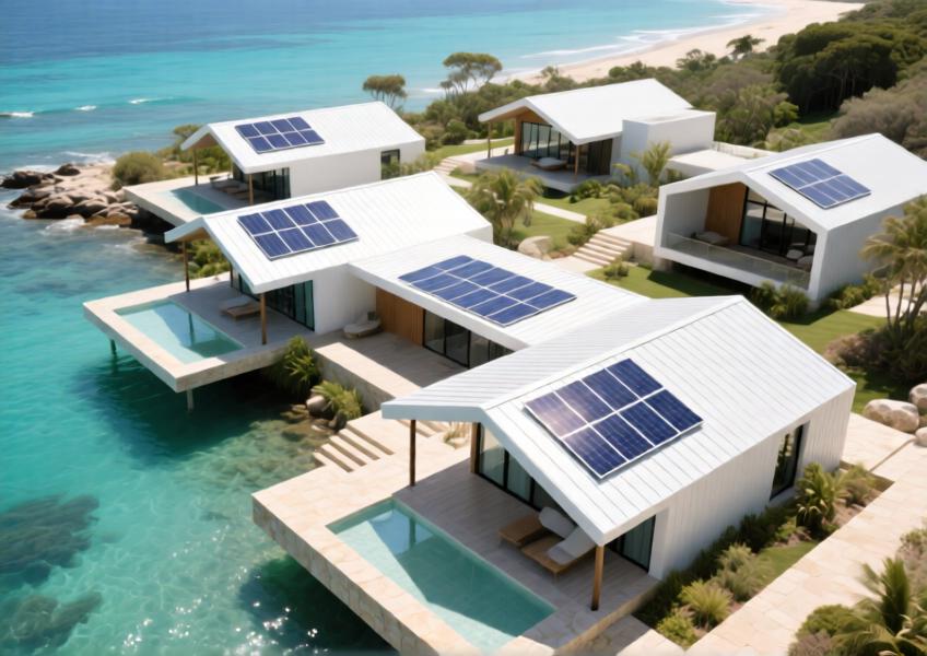Aerial view of a coastal luxury resort with matte white aluminium roof cladding integrated with solar elements, showcasing sustainable design.