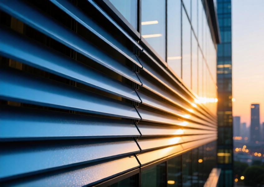 Close-up of anodized blue aluminium fins illuminated by golden-hour sunlight, showcasing light and shadow play.