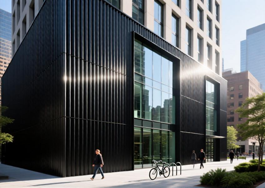 Urban mixed-use building with matte black corrugated aluminum cladding in a modern city setting.
