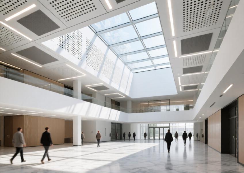 Modern commercial atrium with matte white perforated recycled aluminum ceiling, combining aesthetics, acoustics, and sustainability.