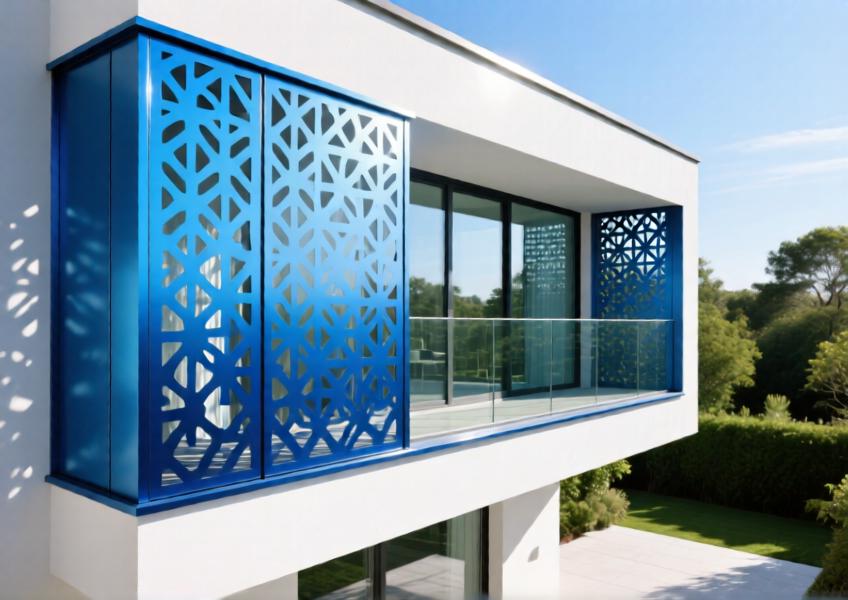 Anodized blue aluminum cladding on a villa façade with sunlight filtering through geometric perforations.